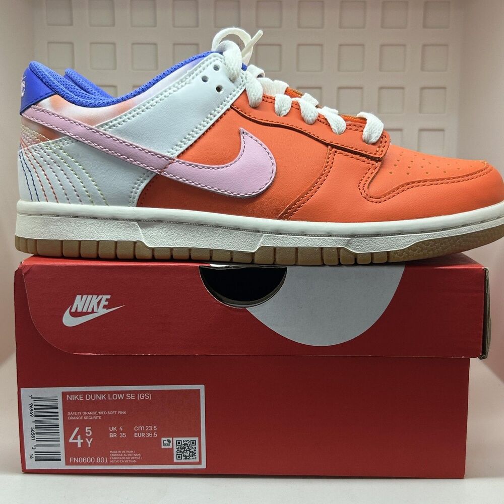 Nike Dunk Low SE Shoes Youth Size 4.5Y Safety Orange Soft Pink Gum GS FN0600-801
